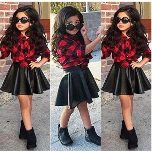 Citgeet Spring Fashion 2Pcs/Set Girls Kids Princess Plaid Tops Shirt +Leather Skirt Summer Outfits Clothes