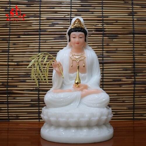 High-grade Home Hall efficacious Talisman Mascot Goddess Guanyin Buddha Avalokitesvara white jade Sculpture statue 22CM