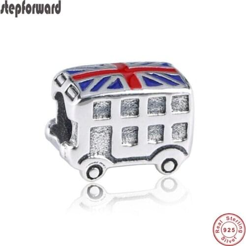 Top Quality New Arrival Popular Enamel 925 Real Silver UK Flag Bus Charm Fit Bracelet