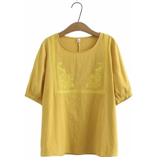Plus size O-Neck embroidered cotton women tshirts 2021 new summer casual short sleeve ladies t shirts female top white yellow