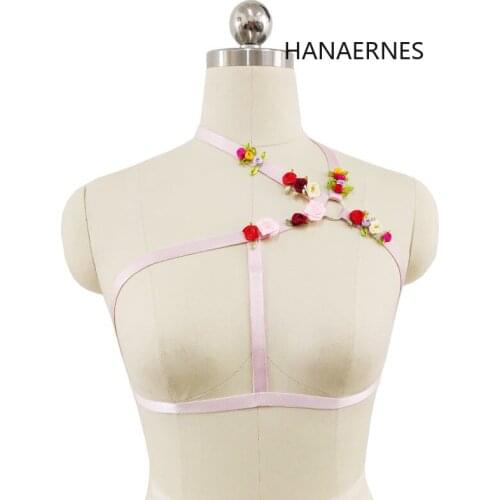 Woman Pink Flower Kawayi Harness Punk Style Elastic Harness Bra Belts Sexy Lingerie Body Bondage Caged Bralette Gothic Bra