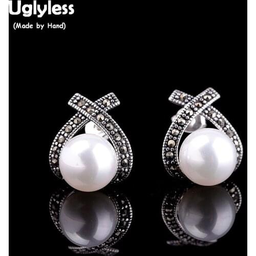 Uglyless Exotic Thai Silver Cross Stud Earrings for Women 925 Silver Earrings Gemstones Pearl Chalcedony Brincos Jewelry E1453