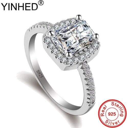 YINHED Geometric Princess 2 Carat Cubic Zirconia Ring 100% 925 Sterling Silver Weddings Rings for Women Jewelry Gift ZR237