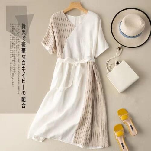 Summer New Style Literary Retro Loose Cotton And Linen Stripes Fight Receiving Waist Tie Mid-Length Short-Sleeved Dress Women