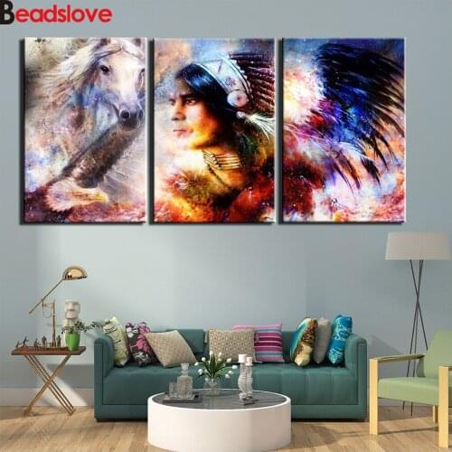 5d diy diamond Painting native warrior horse feather Diamond embroidery Abstract art Pictures for Living Room Modern Decor