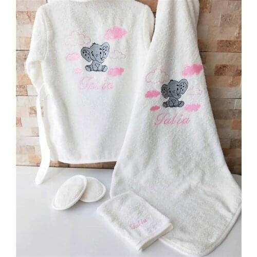 Jaju Baby Handmade, Elephant And Name Special Embroidered Bathrobe SET