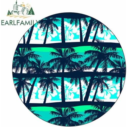 EARLFAMILY 13cm x 13cm Blue Palm Trees Creative Car Stickers Anime Round Graphics Rear Windshield Decal Waterproof Car Styling