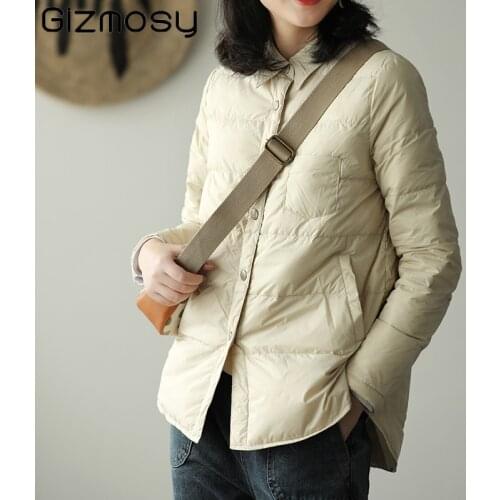 Gizmosy Autumn Winter Women TurnDown Collar Down Jacket Ultra Light White Duck Down Coat Casual Single Breasted Windproof Parkas
