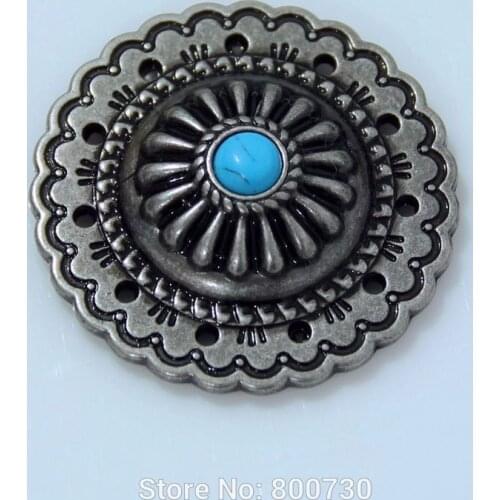 KB305) Lot of 50pc 1-2/5'' Jumbo Concho Stamped Blank Antique-Silver w/ Blue Stone Leathercraft