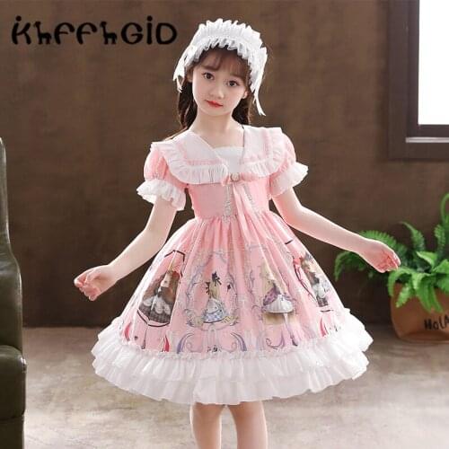 2021 summer pink girls spot Korean short-sleeved chiffon dress princess childrens dress Lolita print girl dress childrens clot