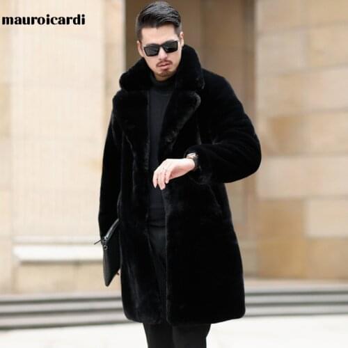 Mauroicardi Winter Long Black Thick Warm Fluffy Soft Faux Fur Coat Men Long Sleeve Lapel Plus Size Korean Fashion Men 4xl 5xl