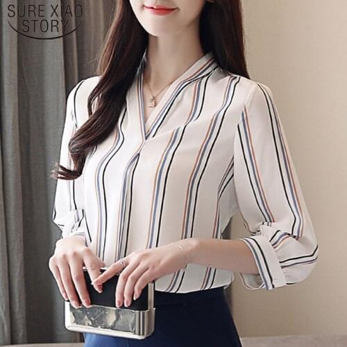 Fashion Chiffon Woman Clothes Autumn Slim Fit Striped Regular V-Neck Print Elegant Casual Shirt Women 5115 50