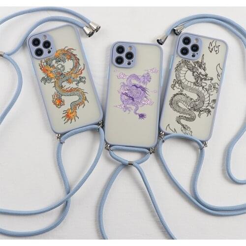 Fashion Dragon Animal Pattern Matte Case For iPhone 7 8 SE 2020 11 12 Pro X XS XR Max Mini 6 6S Plus Crossbody Lanyard Hard Capa