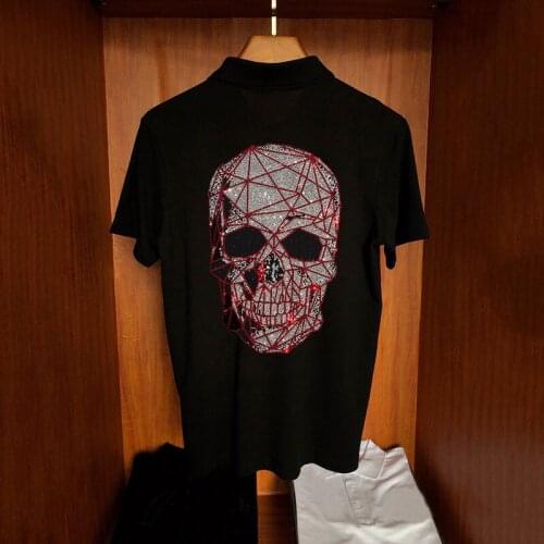 Mens Summer Personality Polo Shirt Stage Glowing Extra-Large Cotton Loose Short-Sleeved Hot Drilling Skull Style