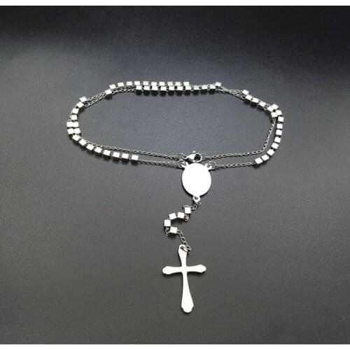 Bead chain Square bead chain Necklace Women Men Long Pendant Cross Necklace Lady Retro Silver Collar Necklace Religious Jesus