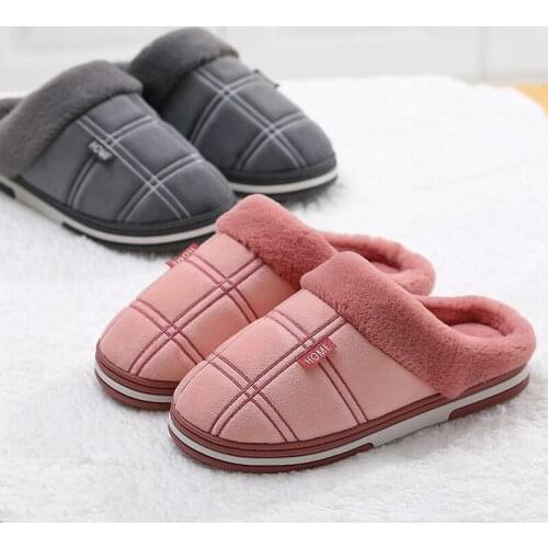 Plus Size 40/50 Cotton Slippers Couple Winter Home Indoor Thick-soled Fur Slides Non-slip Women Men Plush Slippers