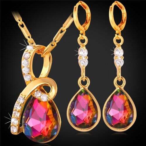 Luxury Crystal Drop Earrings And Pendant Necklace Set For Women Gold Color Bridal Bridesmaid Jewelry Set PE1165