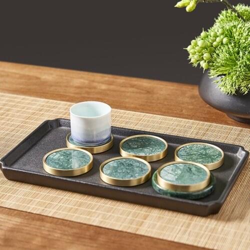 Luxury 7pcs Set Marble Coaster With Golden Brass Encircle Decoration Home Tea Art Tea Set Decoration Tea Coaster Jade Cushion