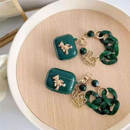 Luxury Dark green acrylic Bracelet Keychain Earphone Case for Apple Airpods 1 2 Pro gold bear Wireless Headphone Headset Cover