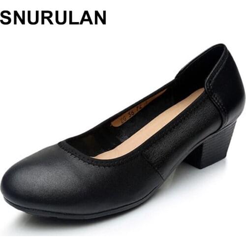 SNURULAN Spring Autumn Womens Pumps Fashion Sexy Thick Round Toe leather Women High Heel Shoes Woman Slip On Casual ShoesE612