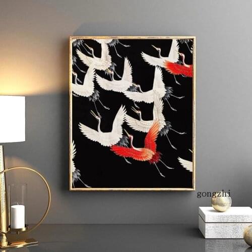 Japanese Style Flying Cranes Vintage Poster Birds Animal Canvas Painting and Prints Wall Art Pictures for Living Room Home Decor