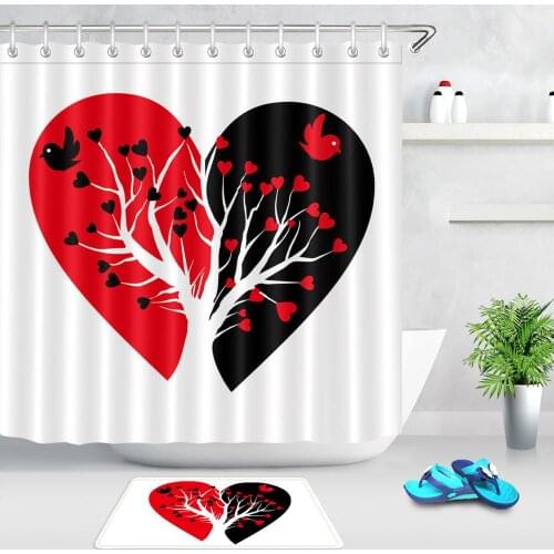 Waterproof Shower Curtain Floor Mat Creative Heart Shaped Tree Bath Curtains For Bathroom Bathtub Bathing Cover Extra Large Wide