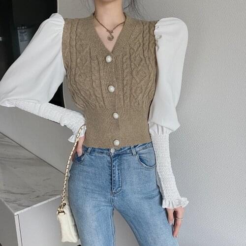 Puff Sleeve Knit sweater spring new style female slim short long-sleeved knitted shirt Korean style foreign stitching cardigan