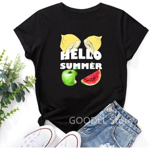 Hello Summer Graphic Tee Summer 100% Cotton T-shirt Fruit Tops for Women Short Sleeve Top Harajuku Shirts Female Kawaii Clothes