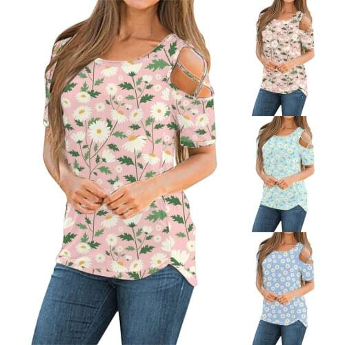 Women Short Sleeve Round Neck Chrysanthemums Print T-Shirt Exposed shoulders Tee Tops Solid Color Blouse Daily All-match T-shirt