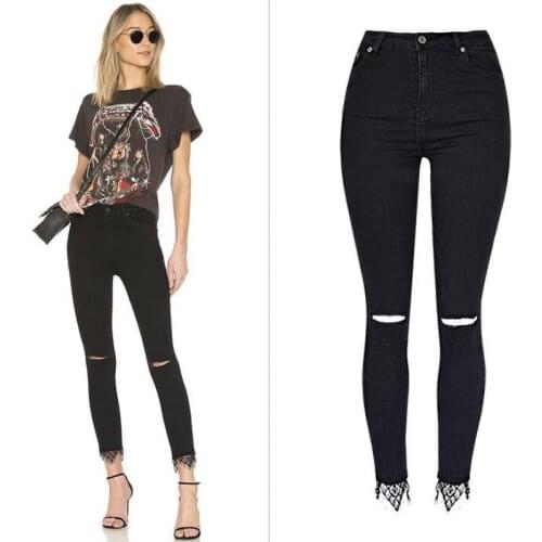 2021 Womens High Waisted Stretch Jeans Wash Skiny Jeans Knee Hole Black Pants With Lace Stitching Denim Pencil Jeans Womens