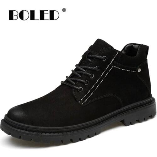 Plus Size Winter Boots Men Natural Leather Plush Fur Ankle Snow Boots Men Vintage Lace Up Outdoor Autumn Working Shoes Men