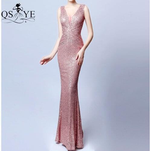 Sequin Rose Gold Prom Dress Mermaid Long Evening Gown V Neck Ruched Formal Party Gown CrissCross Evening Dress Sleeveless