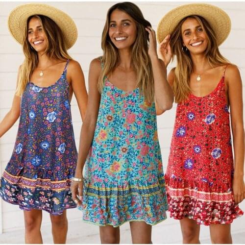 Womens Beach Dress - Floral Spaghetti Strap Sleeveless V Neck A line Swing Casual Sundress Beachwear