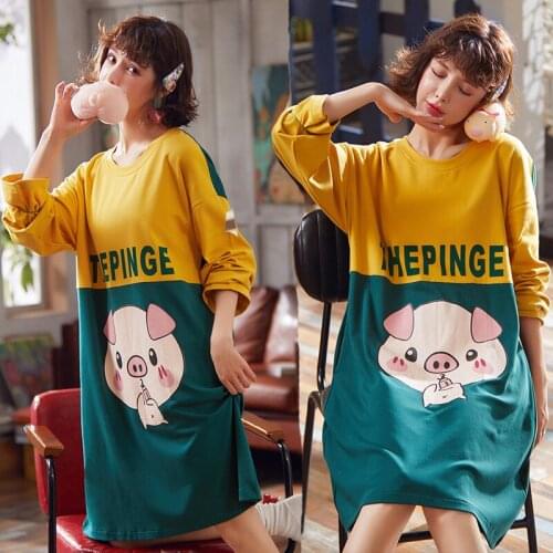 2021 Autumn Night Dress Womens Sleepwear Long Sleeved Nightwear Nightgowns Cartoon Cute Nightie Female Home Wear Cotton Pyjamas