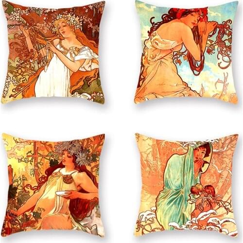 4pcs/set Baroque Cushion Cover Mucha Printed Decorative Pillow Covers Sofa Cushion Cases Home Living Room Decor Vintage Retro