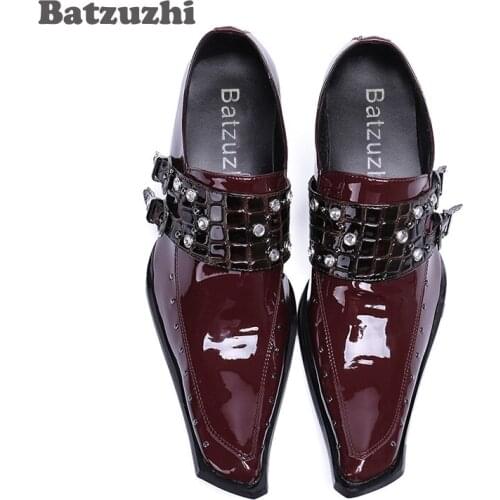 Batzuzhi Luxury POP Men Shoes Rock Genuine Leather Dress Shoes Men Handmade Fashion Wine Red Men Wedding Shoes Party/Prom, EU46