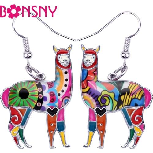 Bonsny Enamel Alloy Lovely Alpaca Earrings Drop Dangle Unique Animal Jewelry Women Girls Gift Brincos Decoration Charms 2018