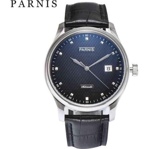 Parnis 43mm Automatic Mechanical Mens Watch Luxury Brand Business Casual Leather Strap Calendar Clock Wristwatch Men