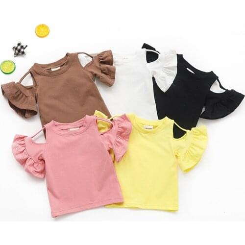 Baby Kids Girl T-shirts Ruffle Sleeve Off Shoulder Solid Color Cotton Tops Blouse Cotton Tops For Girls Clothes