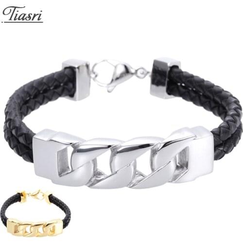 Classical Mens Fashion Handmade Genuine Leather Bracelet Stainless Steel Curb Cuban Bangle on the Hand Punk Jewelry Gift 15mm
