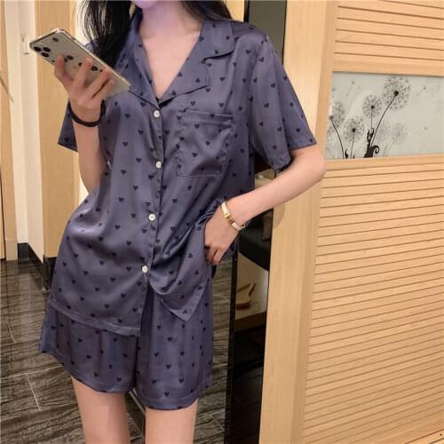 Korean Pajamas for Women 2021 New Summer Pyjama Satin Femme Loose Lapel Sleepwear Cute Heart Print Pijamas 2Piece Sets Home Suit