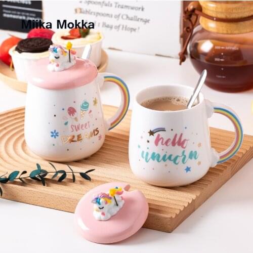 Cute Unicorn Coffee Mug with 3D Lid and Spoon English Print Ceramic Tea Water Cup Milk Cup Gift for Women Girls 450ml Drinkware
