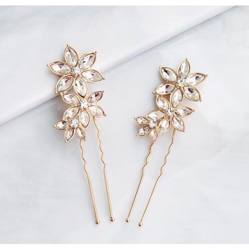 Le Liin 2PCS Gold Simple Hair Accessories Rhinestone Alloy Flower Hairpin Antique Hair Pins Bride Wedding Hair Ornaments
