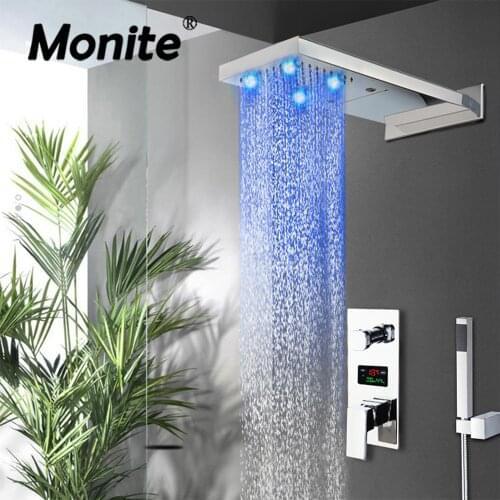 Monite Chrome Polish Bathroom Shower Faucet Wall Mounted LED Rainfall Shower Head 3 Functions Digital Display Mixer Shower Set
