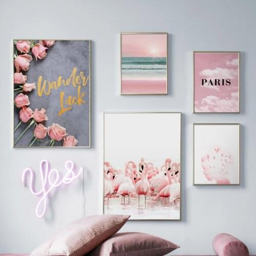Wall Art Canvas Painting Pink Rose Flamingo Paris Sea View Landscape Nordic Posters And Prints Wall Pictures For Living Room