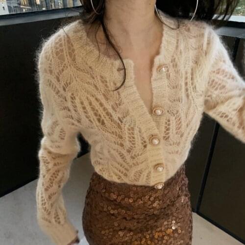 Autumn New Style Small Fragrance Hook Flower Hollowed Out Sweater Cardigan Lace Knitted Womens Cardigan Fashion