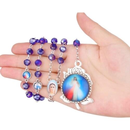 Blue Crystal Glass Rosary Bead Necklace Holy Jesus Mercy Center Pendant Necklace Religious Catholic Prayer Jewelry Gift