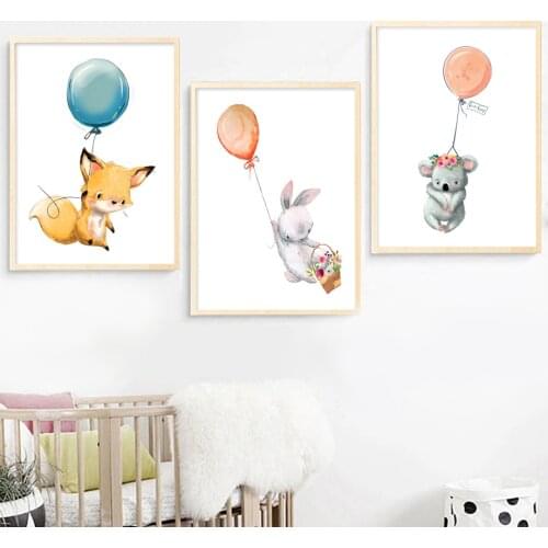 Nordic Poster Wall Picture Baby Kids Room Decoration Rabbit Fox Squirrel Koala Mouse Balloon Wall Art Print Canvas Painting