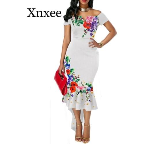 Off shoulder Flowers sundress fashion Women lady short sleeve bodycon ruffles outfits Clothes print Party Irregular dress summer
