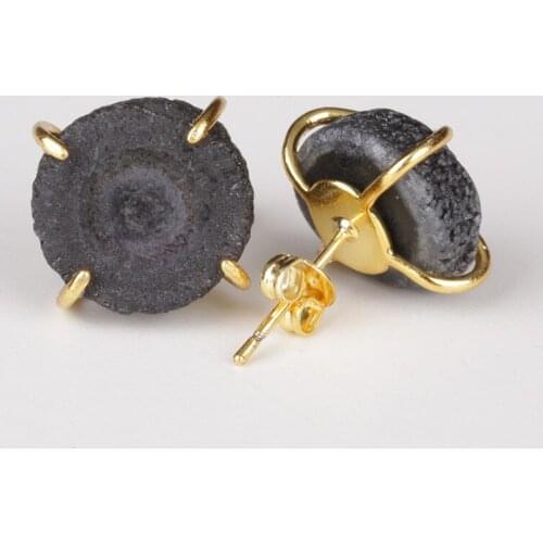 Light dark grey black natural solor druzy drusy thick stone slice bead charm gold personalized button stud earrings for women
